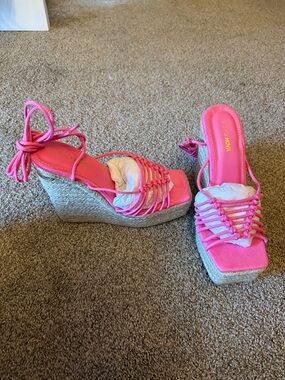 Fashion Nova Hot Pink Rope Tie Espadrille Wedges